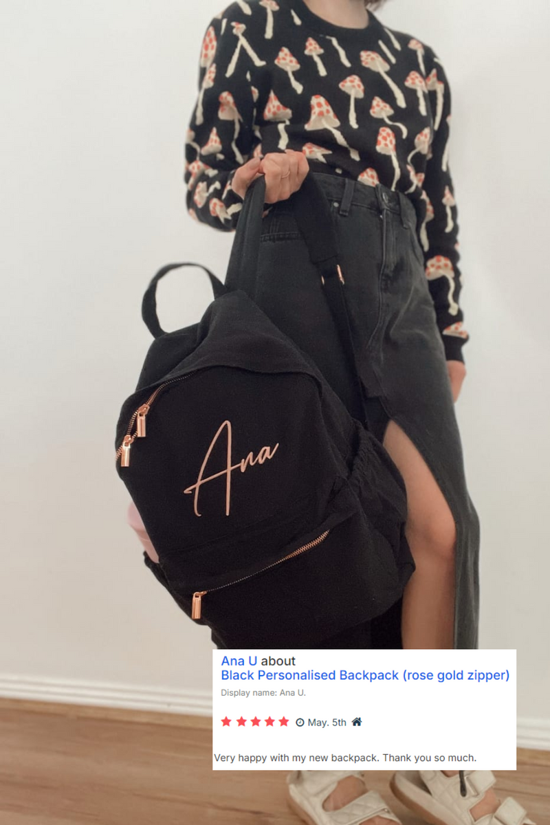 Black Personalised Backpack (rose gold zipper)