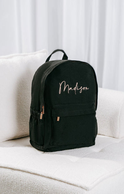 Black Personalised Backpack (rose gold zipper)