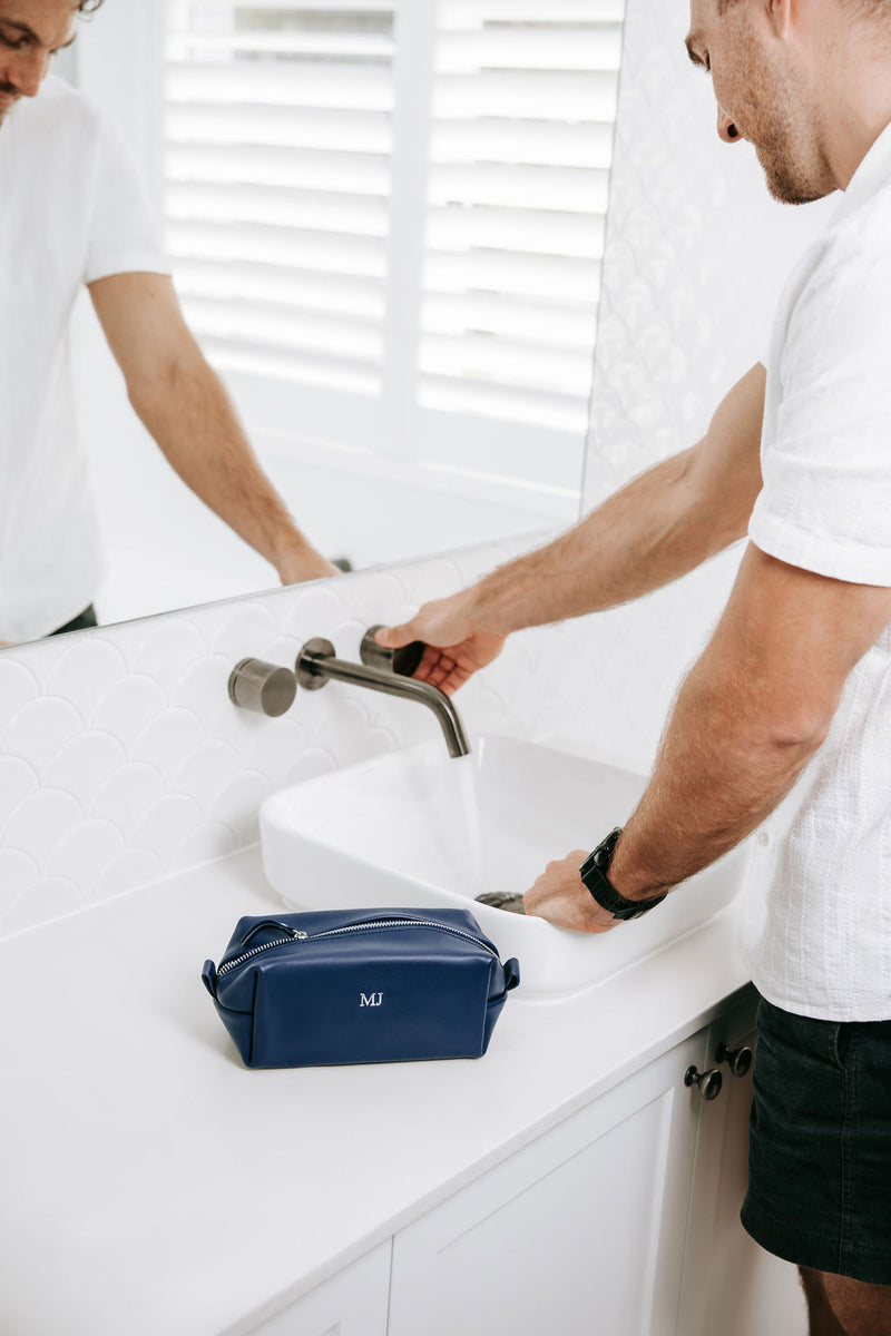 Embossed Unisex Navy Leather Vanity Bag