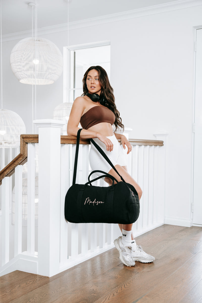 Black Personalised Duffle Bag (Rose Gold Zipper)