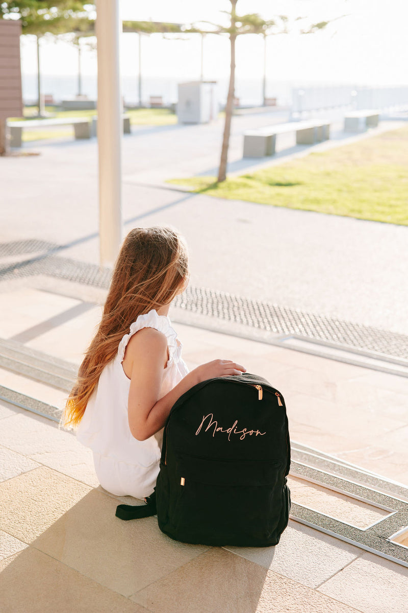 Black Personalised Backpack (rose gold zipper)