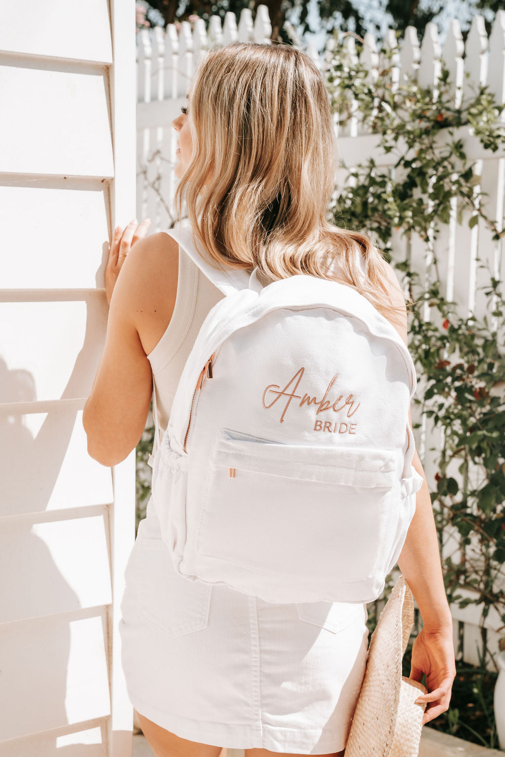 White Personalised Embroidered Backpack The Label House Collection